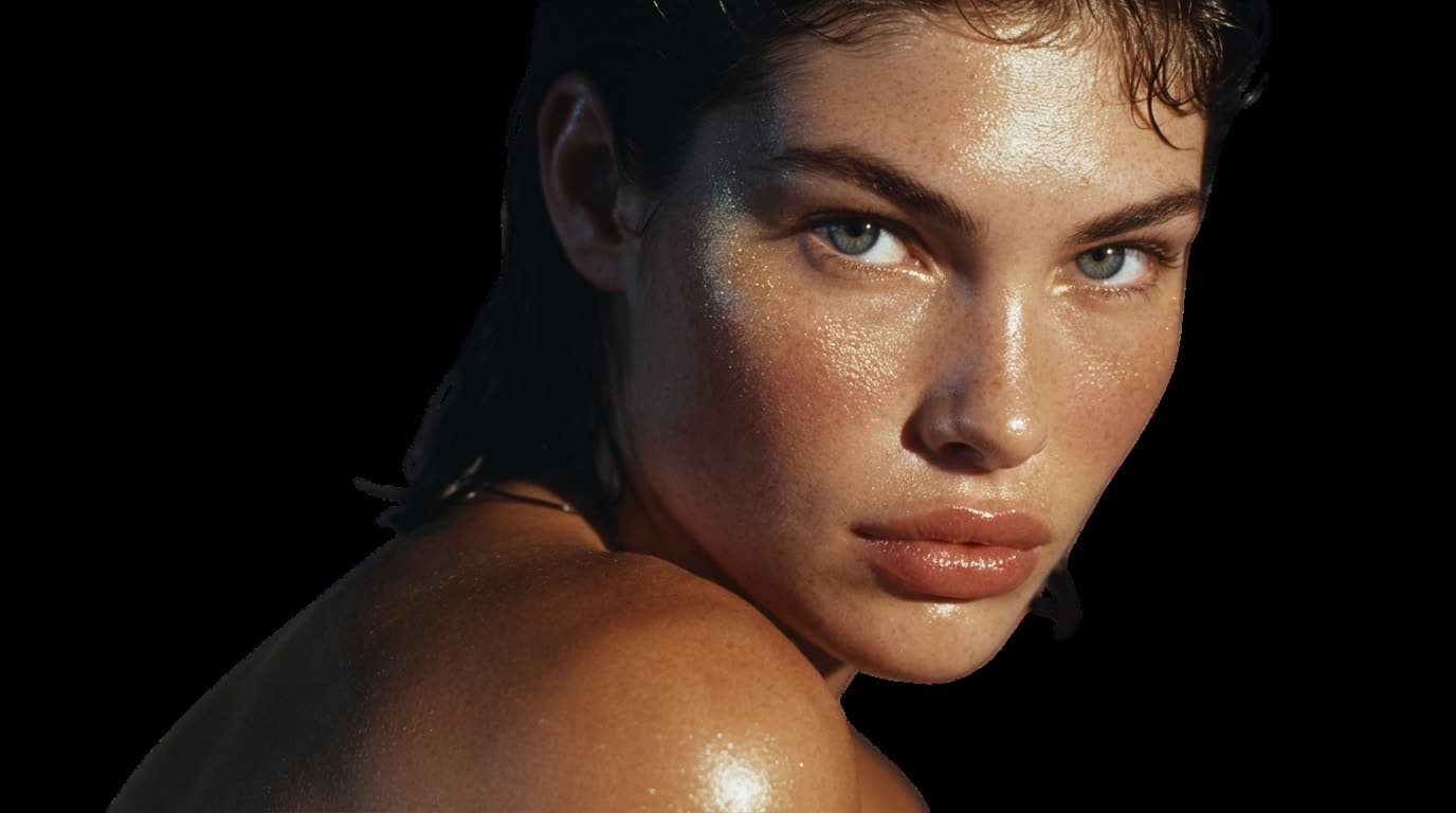 A portrait in warm light, hair wet, looking back over a bare shoulder