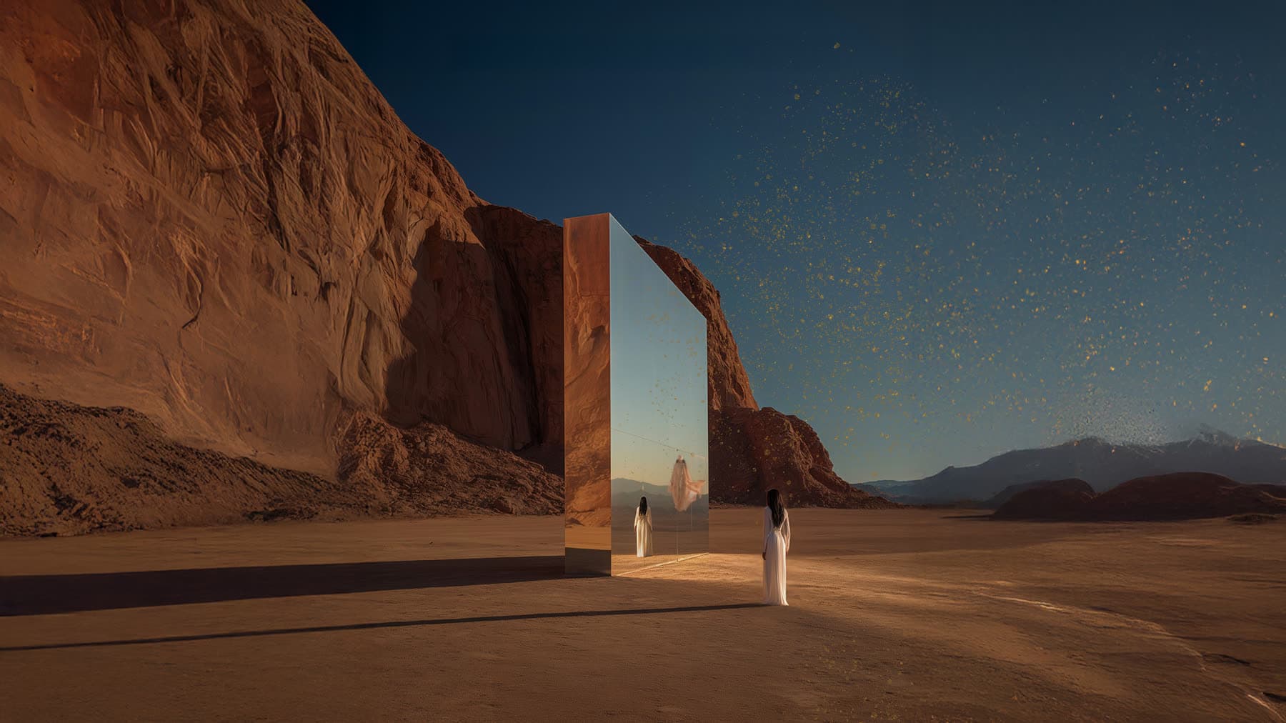 Two figures before mirrored monoliths in a desert at dusk