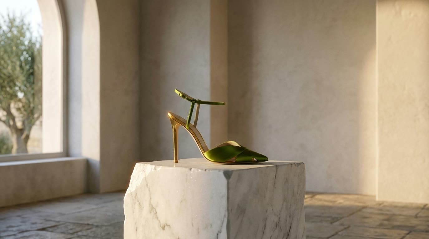A green satin heel on a marble plinth in a sunlit colonnade