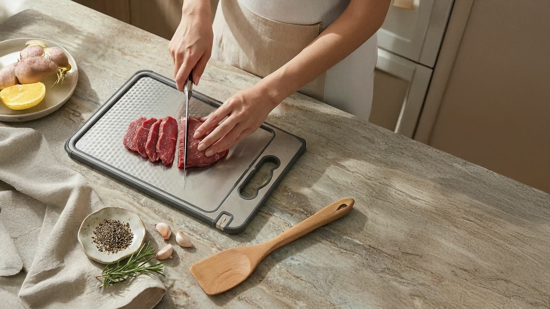 Slicing steak on a steel cutting board in a stone kitchen