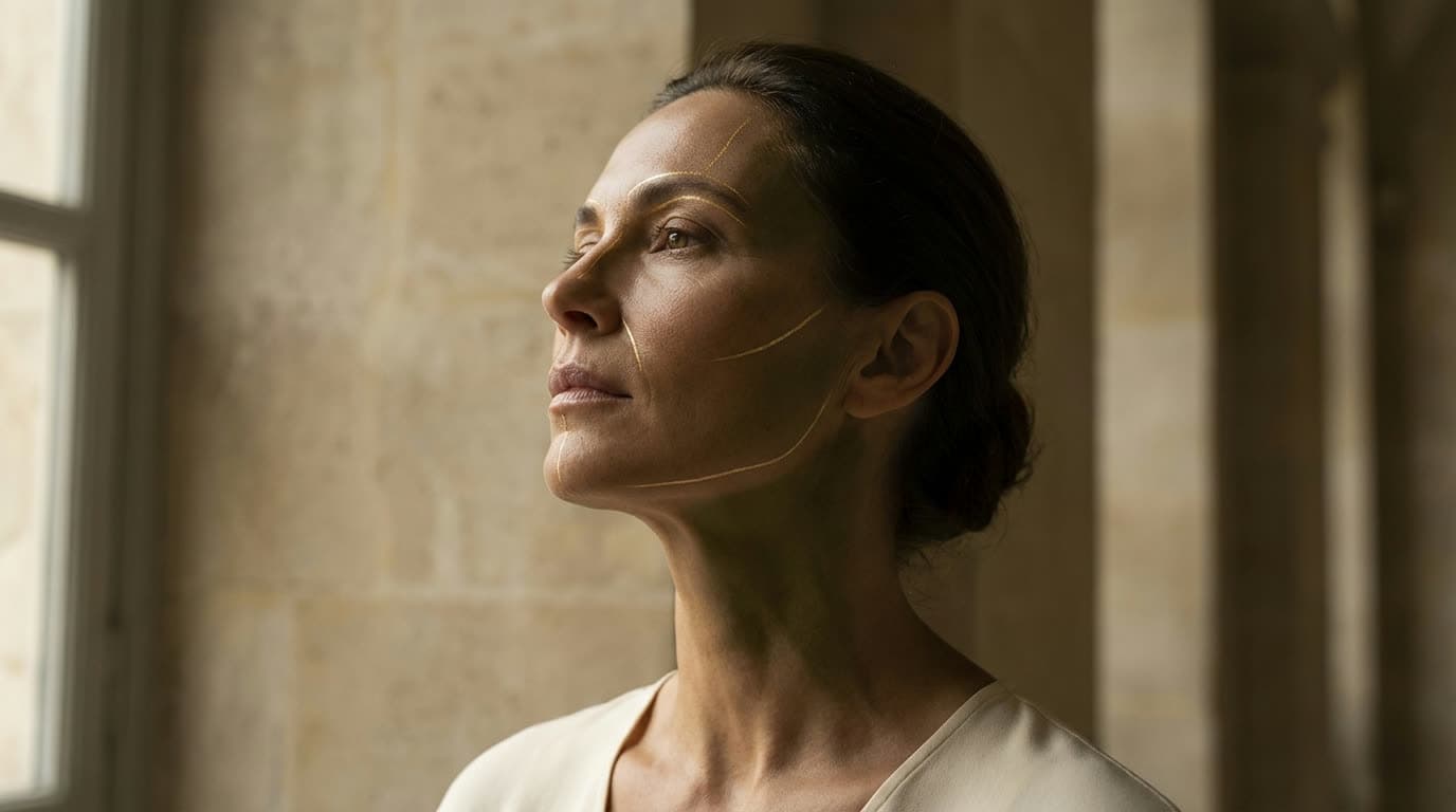A woman in profile by a tall window, in soft daylight